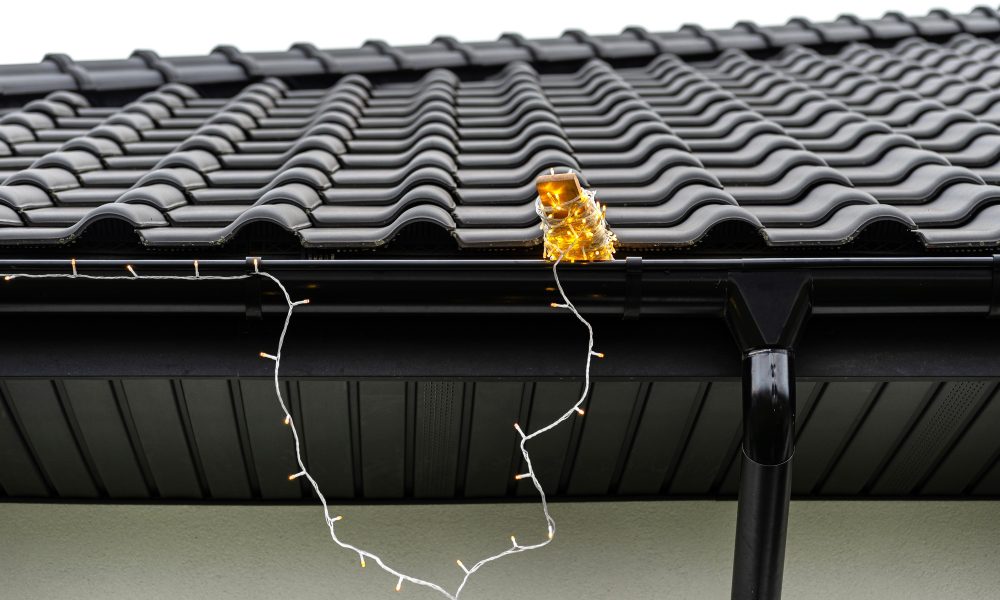 Installing LED lights along the gutter around the house, decorating the house for the holidays.