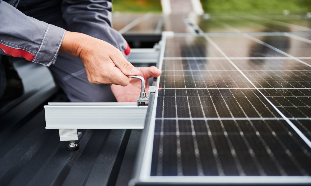 Professional installation of PV system on a roof.